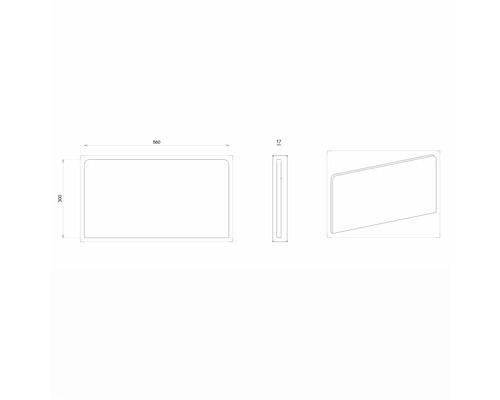 Technische Zeichnung eines Spiegels mit den Maßen 560 x 300 x 17 mm.