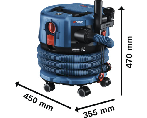 Bosch Staubsauger mit den Maßen 470 mm Höhe, 450 mm Breite und 355 mm Tiefe.