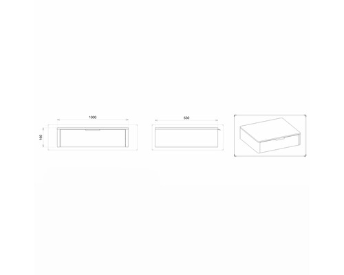 Technische Zeichnung eines Waschtischunterschranks mit Maßangaben.