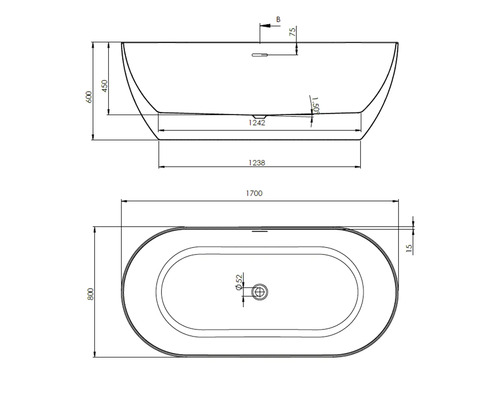 Schéma technique d''une baignoire îlot avec dimensions