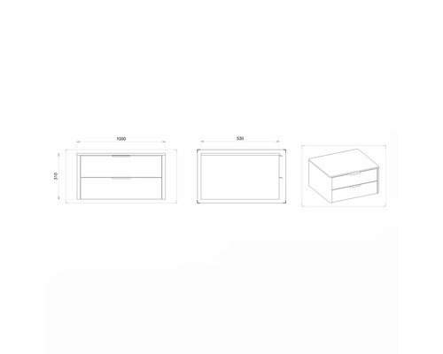 Zeichnung eines Waschtischunterschranks mit Maßen.