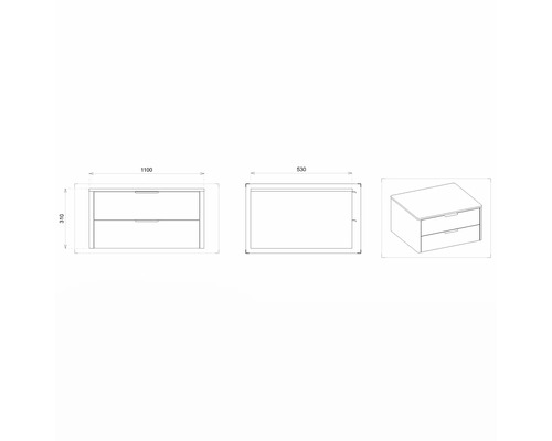 Technische Zeichnung eines Waschtischunterschranks mit zwei Schubladen und Maßangaben
