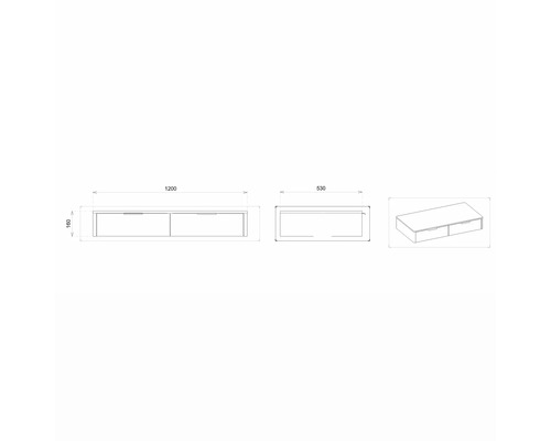 Technische Zeichnung einer Unterbaukommode mit Schubladen und Maßangaben