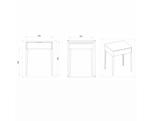 Schéma technique d''un bureau avec tiroir et dimensions.