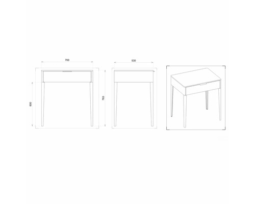 Technische Zeichnung eines Tisches mit Schublade und Maßangaben.