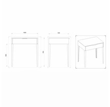 Schéma technique d''une table de chevet avec tiroir et dimensions