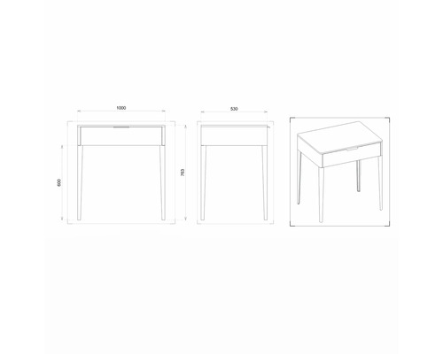 Schéma technique d''une table de chevet avec tiroir et dimensions