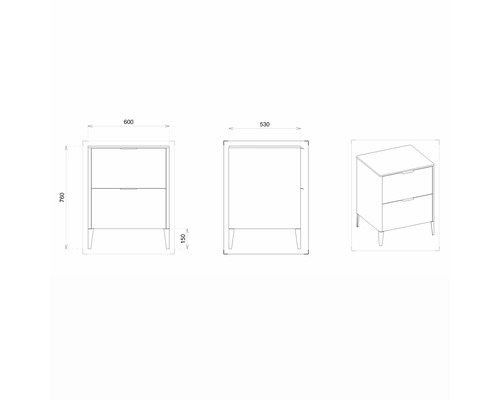 Schéma d''un meuble sous-lavabo mesurant 600 x 530 x 760 mm