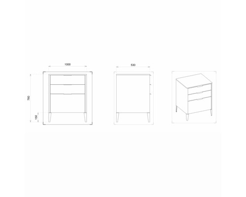 Technische Zeichnung eines Waschtischunterschranks mit drei Schubladen und Maßen.