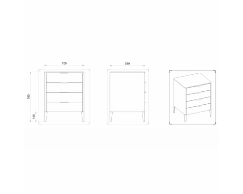 Dessin d''une commode avec tiroirs et indications de dimensions