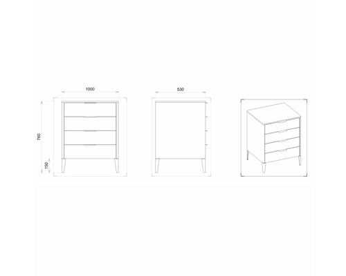 Dessin technique d''une commode avec quatre tiroirs et dimensions