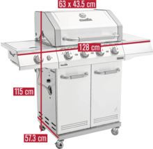 Gril à gaz avec des dimensions de 63 x 43,5 cm, 128 cm, 115 cm et 57,3 cm.