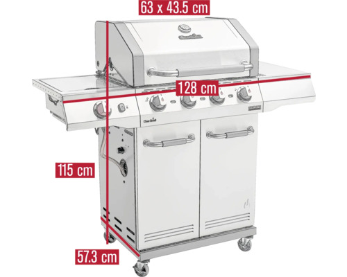 Gasgrill mit den Maßen 63 x 43,5 cm, 128 cm, 115 cm und 57,3 cm.