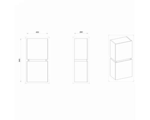 Dessin technique d''un meuble de salle de bains suspendu avec des dimensions de 840 x 400 x 260 millimètres.