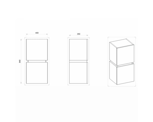 Technische Zeichnung eines Badmöbels mit Maßen 840x400x350 mm