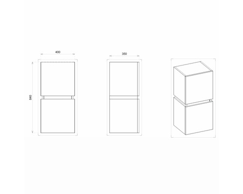 Dessin technique d''une armoire avec les dimensions 400, 350 et 840 millimètres.
