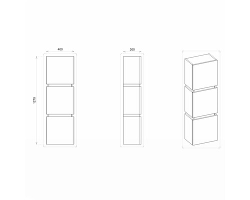 Dessin technique d''une étagère avec trois compartiments carrés, dimensions : 1270 mm de hauteur, 400 mm de largeur, 260 mm de profondeur.