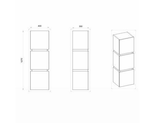 Dessin technique d''une étagère avec trois compartiments carrés, dimensions indiquées
