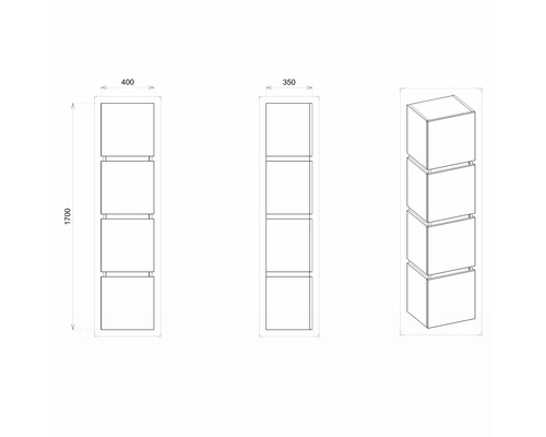 Dessin technique d''une étagère avec quatre compartiments carrés et indications de dimensions.