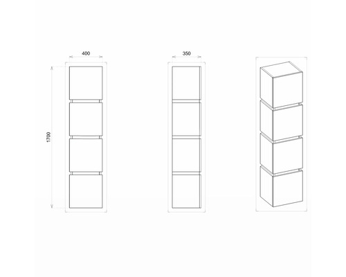 Dessin technique d''une étagère à quatre compartiments, dimensions : hauteur 1700 mm, largeur 400 mm, profondeur 350 mm