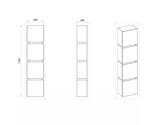 Technische Zeichnung eines Regals mit vier Fächern, Maße 400 x 260 x 1700 Millimeter
