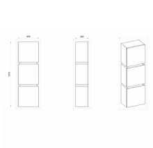 Schéma technique d''une étagère à trois compartiments avec dimensions