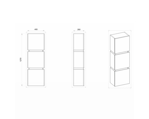 Dessin technique d''une étagère avec trois compartiments carrés et indications de dimension.