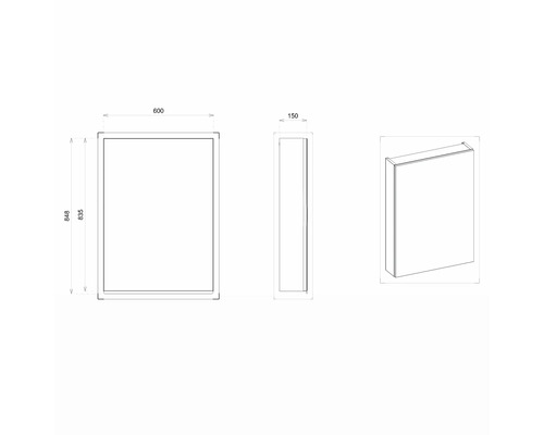 Dessin technique d''une armoire de toilette aux dimensions de 600 x 848 x 150 millimètres.