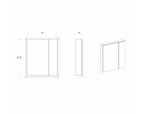 Zeichnung eines Spiegelschranks mit Abmessungen 700 x 835 x 150 Millimeter