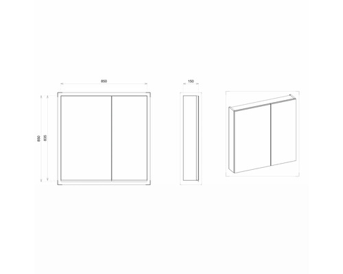 Technische Zeichnung eines Badezimmerspiegelschranks mit zwei Türen und Maßangaben.