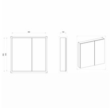 Technische Zeichnung eines Spiegelschranks mit den Maßen 850 x 835 x 150 Millimeter.