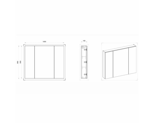 Technische Zeichnung eines Spiegelschrankes mit drei Türen und Maßangaben