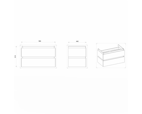 Dessin technique d''un meuble sous-lavabo avec deux tiroirs et indications de dimensions