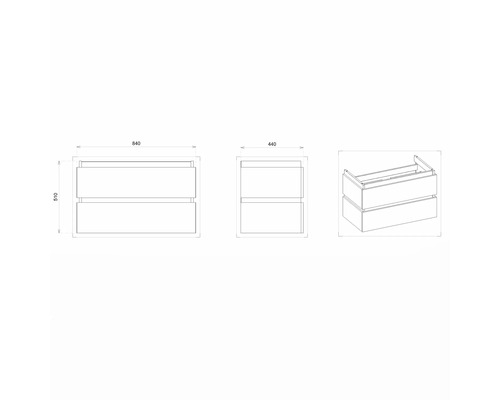 Schéma technique d''un meuble sous-lavabo avec tiroirs et indications de dimensions