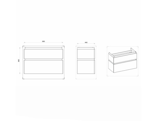 Zeichnung eines Waschtischunterschranks mit den Maßen 690 mal 660 mal 440 Millimeter.