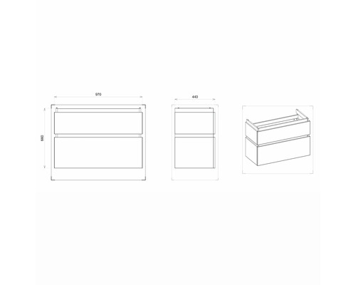 Technische Zeichnung eines Waschtischunterschranks mit Schubladen und Maßangaben