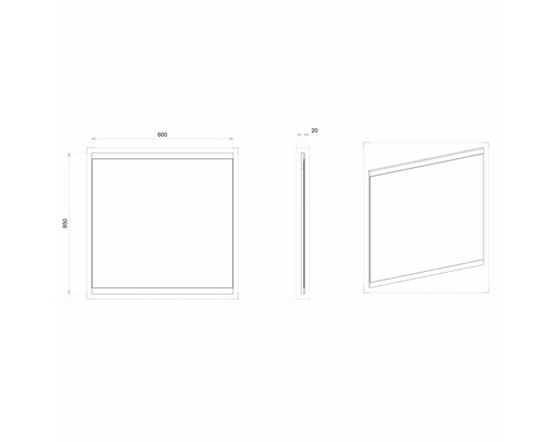 Schéma d''un miroir aux dimensions 600 x 850 x 20 millimètres.