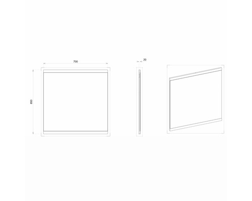 Dessin technique d''un miroir avec des dimensions de 700 x 850 x 20 millimètres