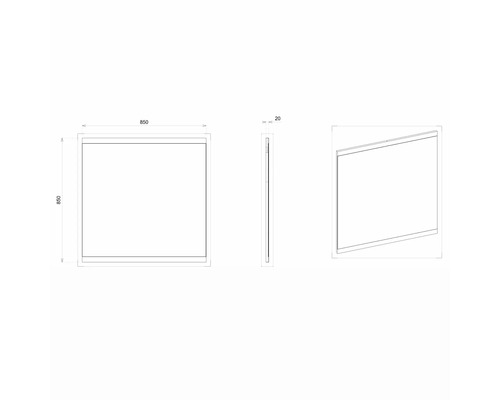 Dessin technique d''un miroir carré de dimensions 850 x 850 x 20 mm.