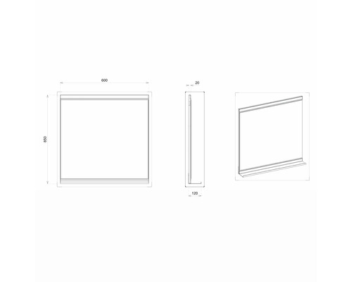 Dessin technique d''une armoire de toilette aux dimensions de 600 x 850 x 120 millimètres.