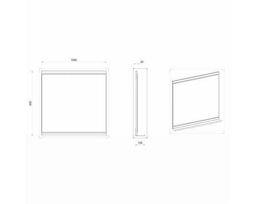 Schéma technique d''un miroir aux dimensions 1000 x 850 x 20 millimètres