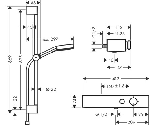 Technische Zeichnung einer Duschstange mit Maßangaben
