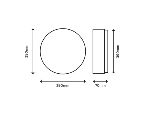 Schéma technique d''un miroir rond de 390 mm de diamètre et 70 mm de profondeur