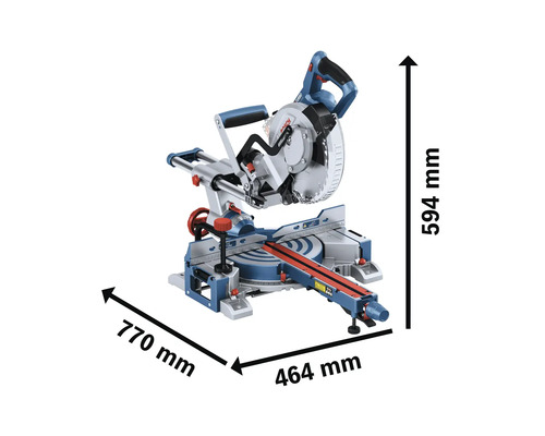 Kapp- und Gehrungssäge mit Maßangaben: 770 mm Breite, 464 mm Tiefe und 594 mm Höhe