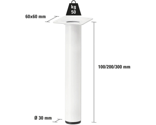 Pied de meuble en métal, diamètre 30 mm, hauteur 100/200/300 mm, capacité de charge 50 kilogrammes