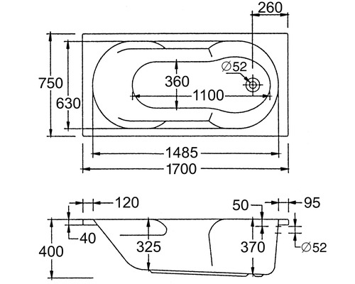 Dessin technique d''une baignoire avec indications de dimensions