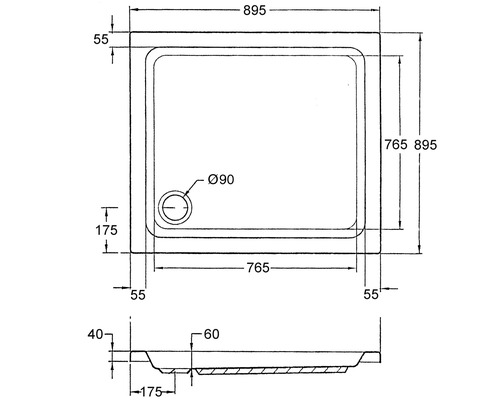 Technische Zeichnung einer Duschwanne mit Maßen