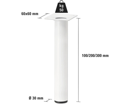 Pied de meuble blanc de dimensions 60 x 60 mm, diamètre 30 mm et hauteur 100, 200 ou 300 mm, capacité de charge 50 kg.