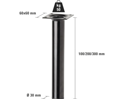 Tischbein aus Metall, 100/200/300 mm hoch, Durchmesser 30 mm, mit Traglast von 50 Kilogramm