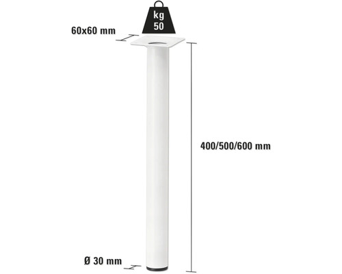 Pied de table avec une capacité de charge de 50 kilogrammes et une hauteur de 400, 500 ou 600 millimètres.